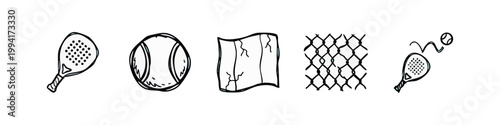 Padel Tennis Hand Drawn Doodle Icon Set - Racket, Ball, Court, Net, Action