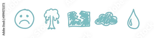 Environmental Problems and Emotions Hand Drawn Doodle Icon Set - Sad Face, Crying Tree, Broken, Cloud, Water Drop