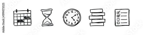 Collection of hand-drawn icons representing time and planning elements.