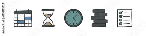Colorful, hand-drawn icons illustrating time management and planning tools.