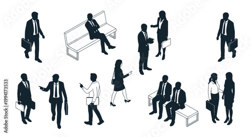 diverse business people in silhouette in various work situations and poses