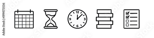 Set of clean outline icons related to time management and planning.