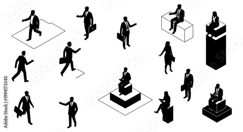 isometric black silhouette people in business attire in various poses and scenarios
