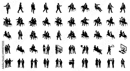 isometric black silhouette set of business people in various corporate activities and office work poses.