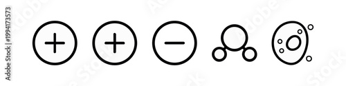 Clean outline icons depicting plus, minus, and scientific concepts.