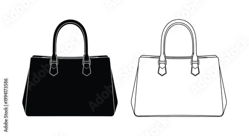 Two handbags are displayed one black and one white presented as stark outlines against a neutral background silhouette high quality professional