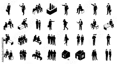 isometric people vector set of black silhouettes for architectural visualization including business characters and objects.