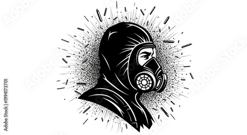 vector illustration of a person in a gas mask and protective suit amidst an explosive burst of debris symbolizing danger and crisis.