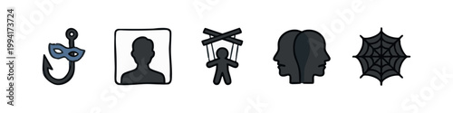 Doodle icons: Fishing hook with mask, silhouette, puppet, split head, spider web