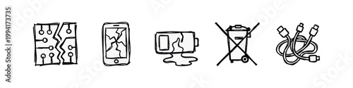 Doodle icons: Broken circuit board, cracked smartphone, melting screen, no electronics bin, tangled cables