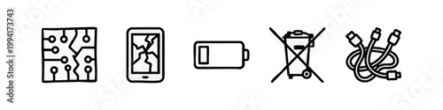 Line art icons: Broken circuit board, cracked smartphone, battery, no electronics bin, tangled cables