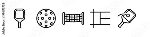 Line art icons: Pickleball paddle, ball, net, court, paddle
