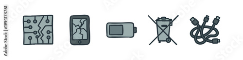 Doodle icons: Circuit board, cracked phone, battery, no electronics bin, cables