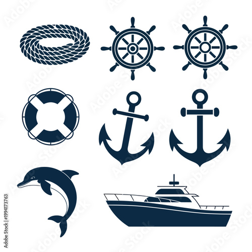 Nautical icons including ship wheel, anchor, and lifebuoy in dark blue
