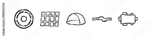 Doodle icons: Target, grid, dome, plus sign, cube with connectors