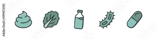 Color icons of health and science: feces, leaf, bottle, bacteria, pill