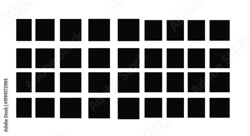 A minimalist arrangement displays a grid of solid black squares against a stark white background creating a pattern