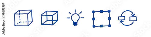 Blue icons for 3d shapes, lightbulb, selection box, and loop