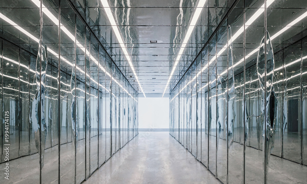 Obraz premium Mirror hallway reflection creates a distorted and infinite passage with bright linear lights in a modern art gallery space