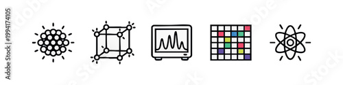 Doodle icons: atom cluster, crystal lattice, oscilloscope, grid, atom model (black)