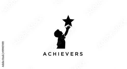 Fotografía Silhouette of a child reaching for a star with achievers text.