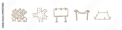 Hand-drawn urban icons: houses, intersection, billboard, power lines, skirt