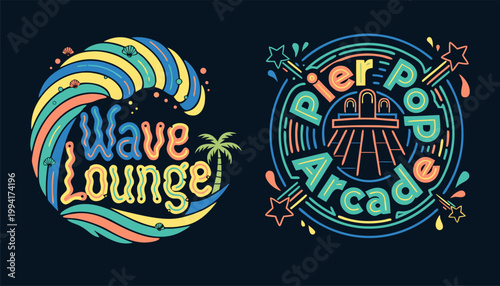 A colorful vector graphic illustration of two fun and playful logo designs for entertainment venues.