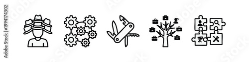 Line Art Icons: Person with Hats, Interlocking Gears, Swiss Army Knife, Career Tree, Puzzle Pieces