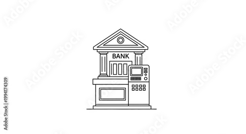 Minimalist Line Art Bank Building with ATM Machine Icon