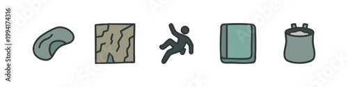 Colored Doodle Icons: Climbing Hold, Cracked Surface, Climber Silhouette, Chalk Bag, Climbing Rope