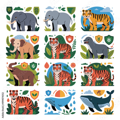 A colorful illustration of endangered animals in their natural habitats with shields