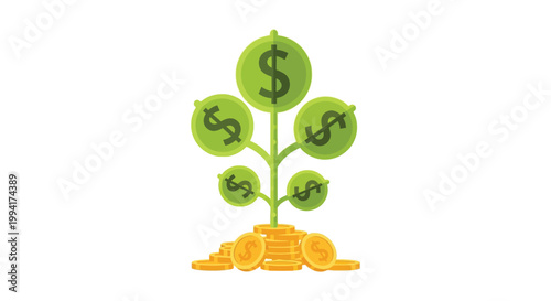 A vibrant green money tree grows from a golden coin base symbolizing financial growth and prosperity silhouette high quality professional detailed