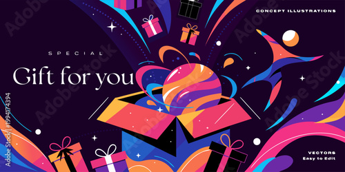 A vibrant and colorful vector illustration of a gift box with presents and confetti, symbolizing a special surprise or celebration