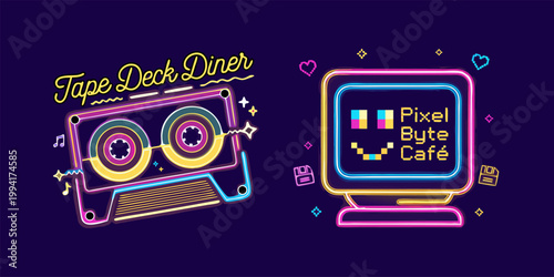 A vibrant neon illustration of a cassette tape and computer with a retro aesthetic