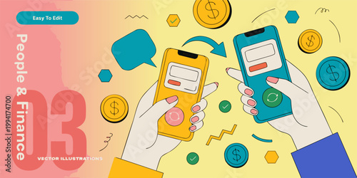 A colorful vector illustration of two hands holding smartphones with various finance and communication symbols surrounding them.