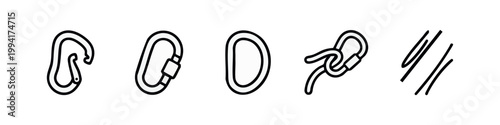 Line art icons: carabiners, abstract shapes, knot