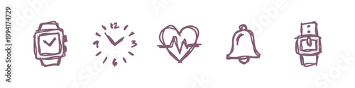 Purple doodle icons: smartwatch, clock, heart rate, bell, smartwatch