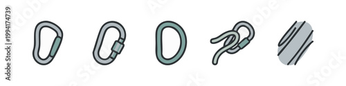 Colored icons: carabiners, abstract shapes, knot