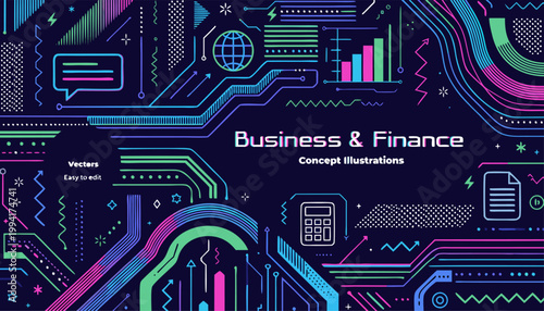 A vibrant and modern vector graphic illustration of business and finance concepts with neon colors and futuristic design elements.