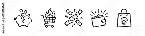 Doodle icons: broken piggy bank, shopping cart on fire, falling money, wallet, shopping bag with skull