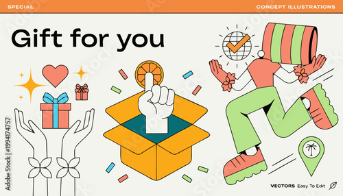 A colorful vector illustration of a person receiving a gift with confetti and presents