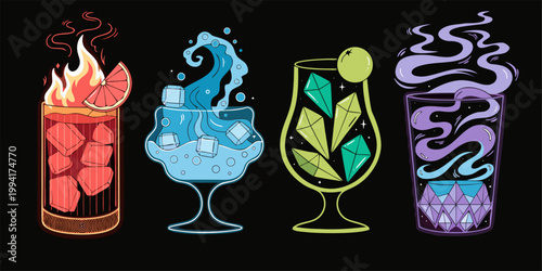 A colorful vector illustration of four cocktails with unique designs and garnishes on a black background