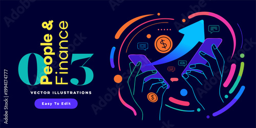 A vibrant vector illustration of hands holding phones with finance and technology symbols surrounding them.