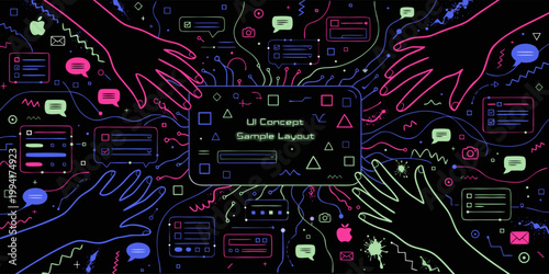 A vibrant and modern UI concept illustration featuring hands and various design elements on a black background