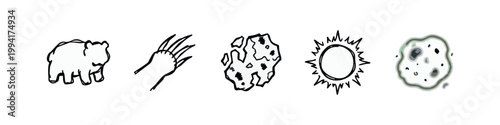 Nature and science icons: bear, claws, asteroid, sun, cell