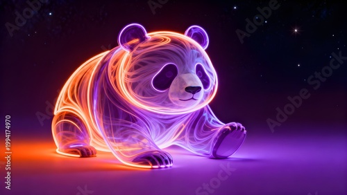 A stunning digital artwork of a giant panda made of glowing neon orange and purple light lines, set against a dark atmospheric background with stars.