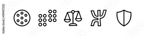 Set of 5 outline icons for psychology and mental health: circle, dots, scales, psi symbol, shield