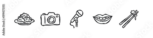 Set of 5 icons for entertainment and food: food, camera, microphone, mouth, chopsticks