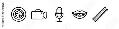Set of 5 outline icons for entertainment and food: food, camera, microphone, mouth, chopsticks