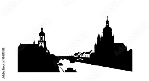 Black and white silhouette of historic cathedral and city riverfront
